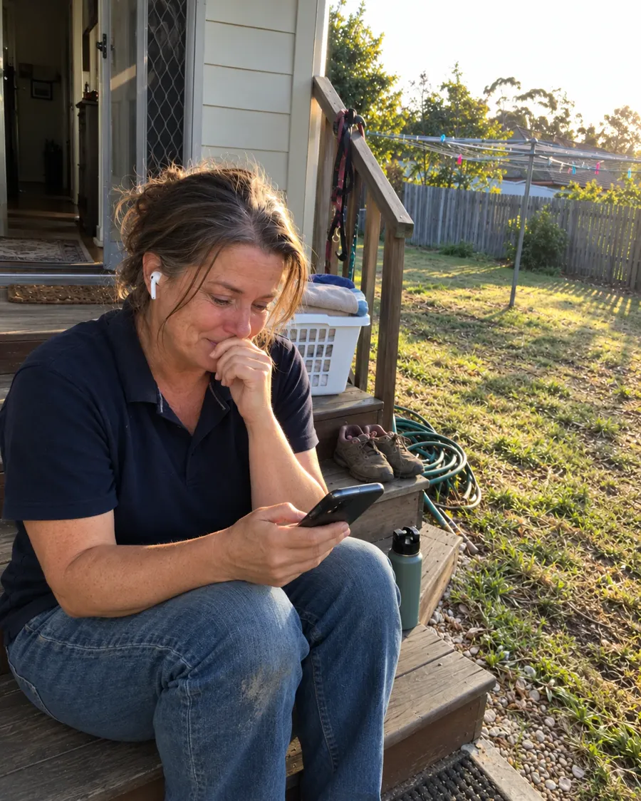 A woman on her back steps with earbuds in, listening to her phone, her hand at her mouth